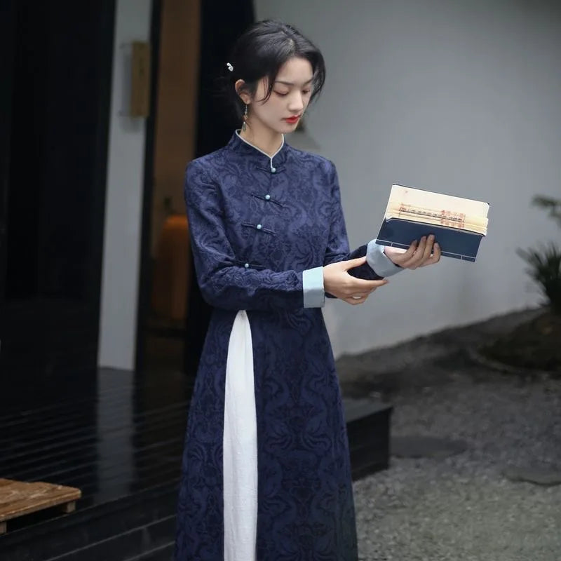 2024 Autumn New Vietnam Aodai Chinese Styles Women Floral Printing Vintage Long Dress Qipao Chinese Elegant Cheongsam Dress - Seprincess