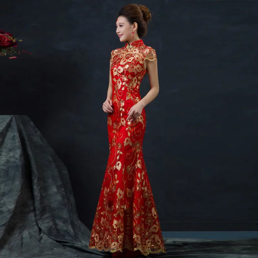 Red Chinese Wedding Dress Female Long Short Sleeve Cheongsam Gold Slim Chinese Traditional Dress Women Qipao for Wedding Party - Seprincess