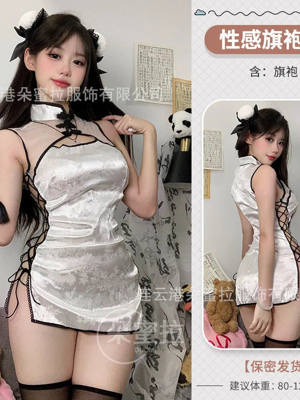 Sexy Cheongsam Mini Dress Mesh Lace Sheer Charming Underwear Uniform Transparent Slim Side Straps Dress Elegant Tops HE1O - Seprincess