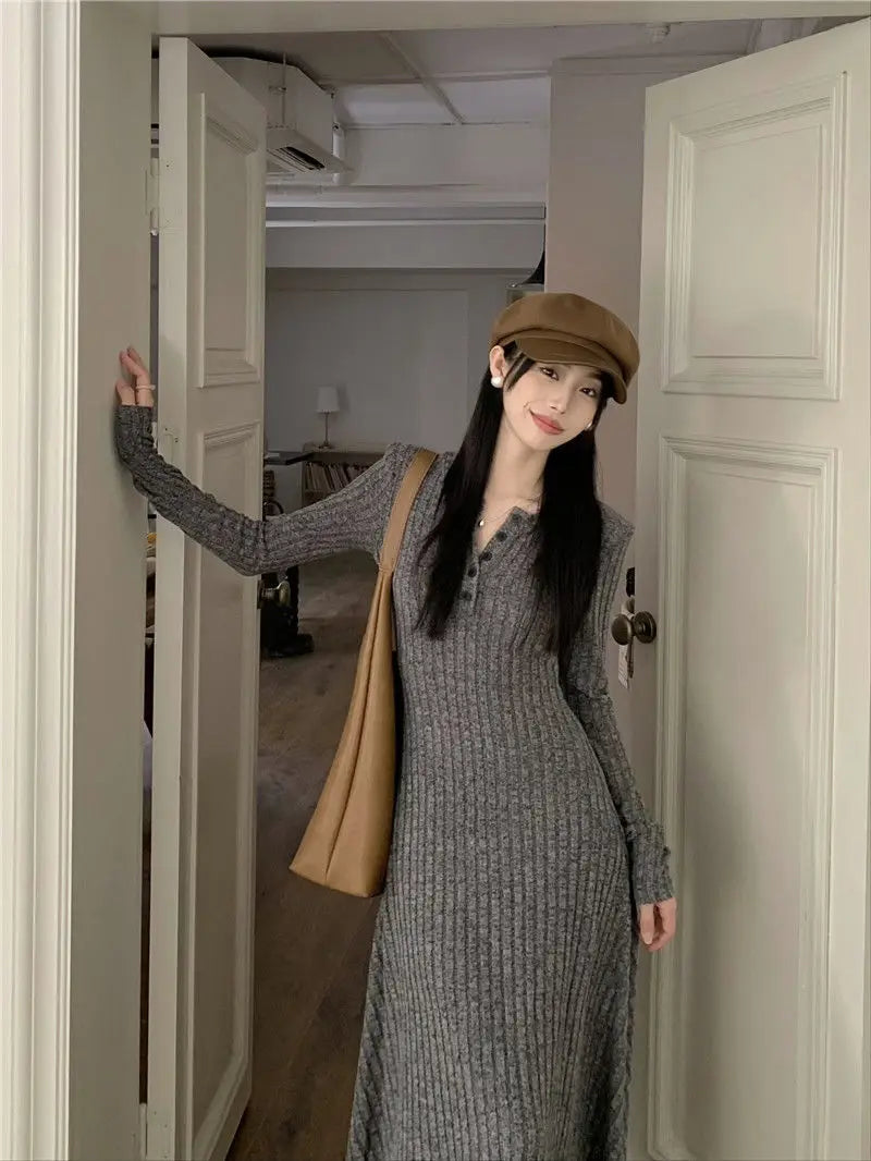 2024 Korean High-end Knitted Dress for Women Autumn/Winter Slim Fit Fashionable Versatile Long-sleeved Woolen Dress for Women - Seprincess