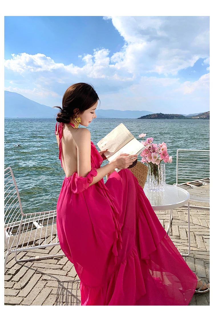 2024 Women Long Summer Formal Chiffon Sundress Halter Elegant Fairy Grunge Prom Dress New Honeymoon Vacation Party Night Dresses - Seprincess