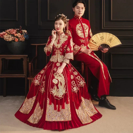 Xiuhe Retro Chinese Wedding Dress Embroidery Traditional Cheongsam Vintage Red Formal Qipao Women Man Oriental Style Plus Size - Seprincess