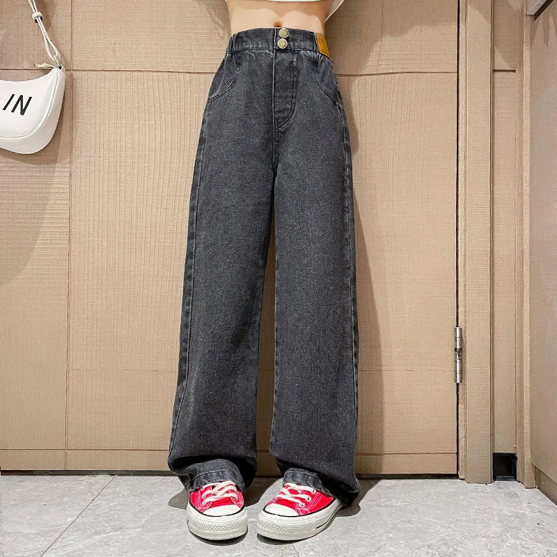 Teenage Jeans for Girls 2024 Spring Summer Casual All-match Loose Kids Leg Wide Pants School Children Trousers 4-16 Years