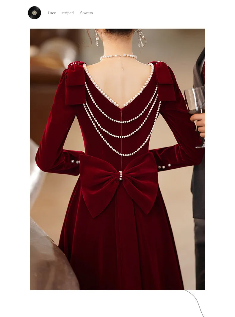 Burgundy Velvet Evening Dress Elegant Beaded Square Collar Engagement Dresses Temperament Bow Long Sleeve Formal Banquet Gown - Seprincess