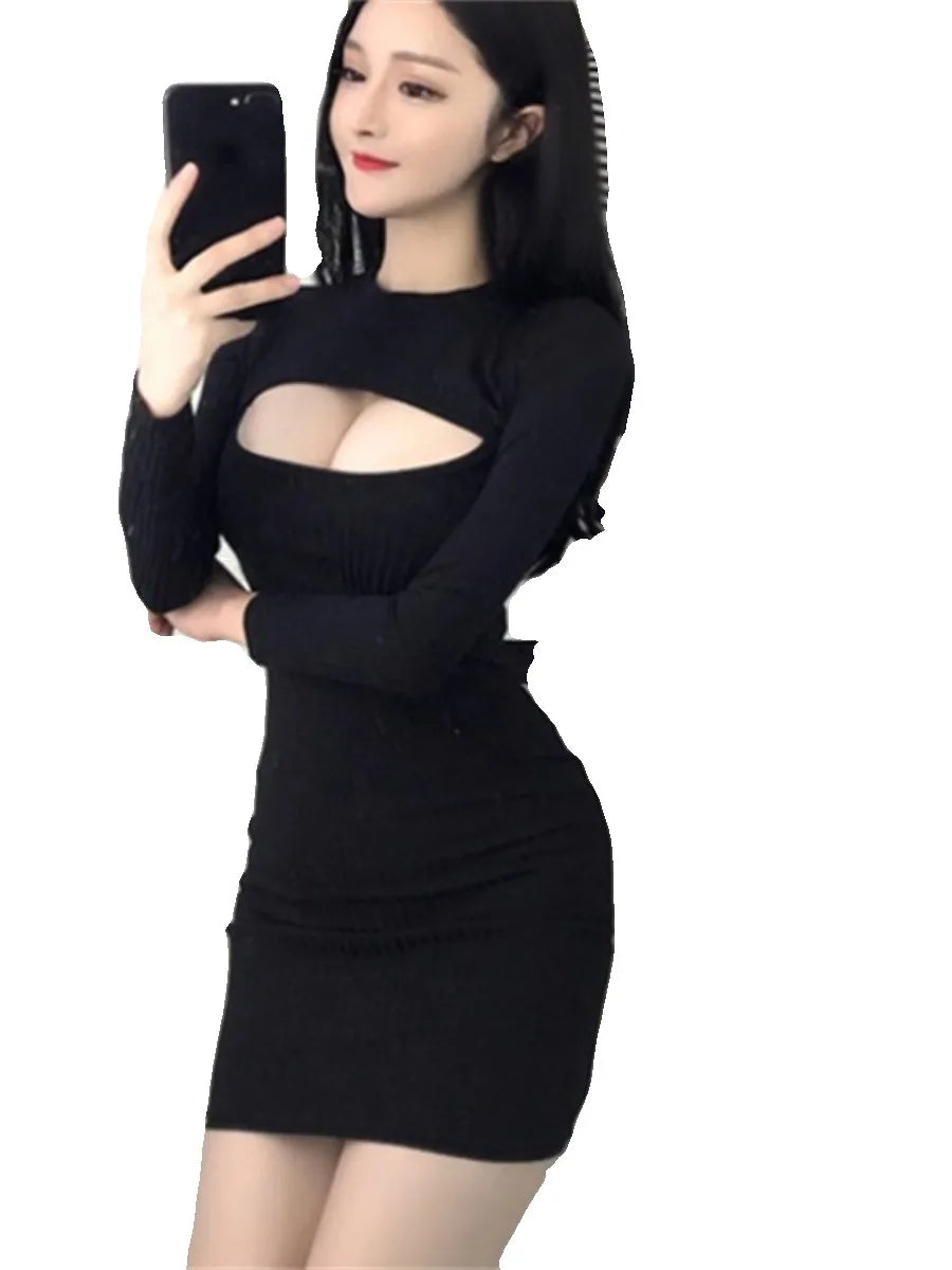 Sexy Spicy Girl Hollow Long Sleeved Dress For Women's Spring New Slim Fit Show Chest Show Weight Versatile Wrapped Hip Short FXI - Seprincess