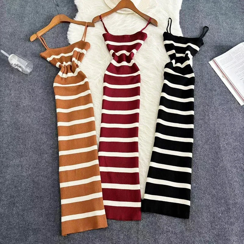 Summer Stripe Elastic Bodycon Strap Dress 2024 Sexy Beach Sundress Women Casual Slim Pencil Vestidos Maxi Long Dress - Seprincess