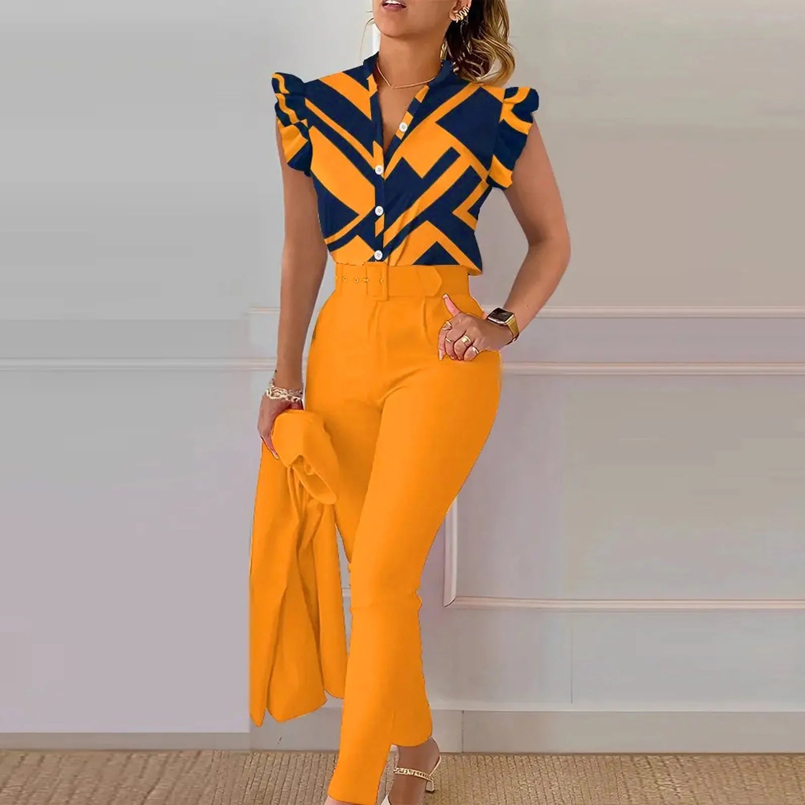 Elegant Short Sleeve Shirt Pants Set Office Lady Fashion V Neck Floral Print Ruffles Trousers Two Piece Set Women Outfit 2023 - Seprincess