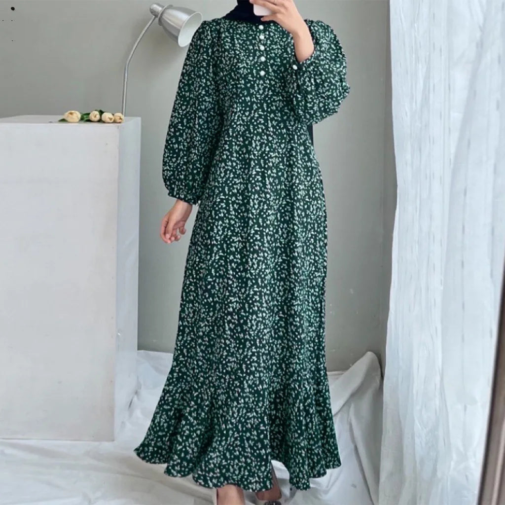 Women Fashion Loose Printed Long Sleeve O Neck Muslim Abaya Dress Vintage Ruffles Hem Sundress Robe Femme Turkey Vestido Kaftan - Seprincess