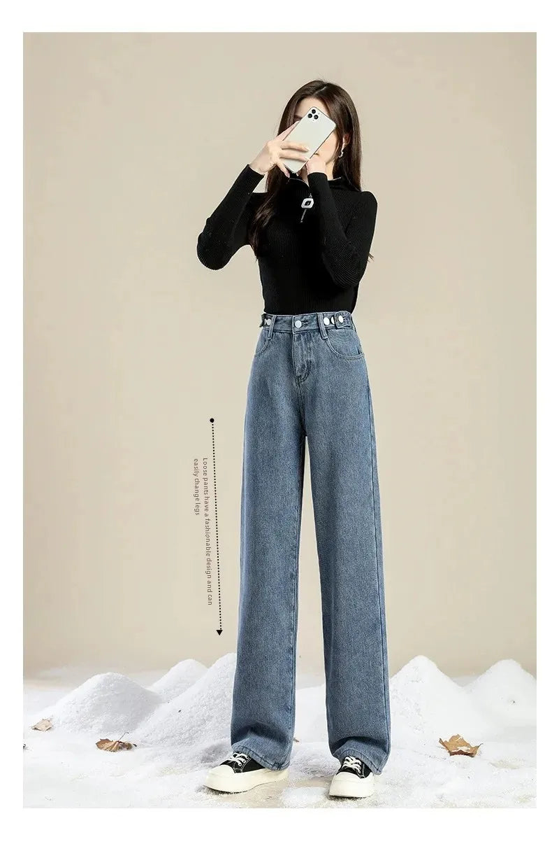 Autumn/winter Deep Color Wide-leg Fleece-lined Warm Jeans Women's Outerwear Slimming Loose-fit Straight-leg Model Pants