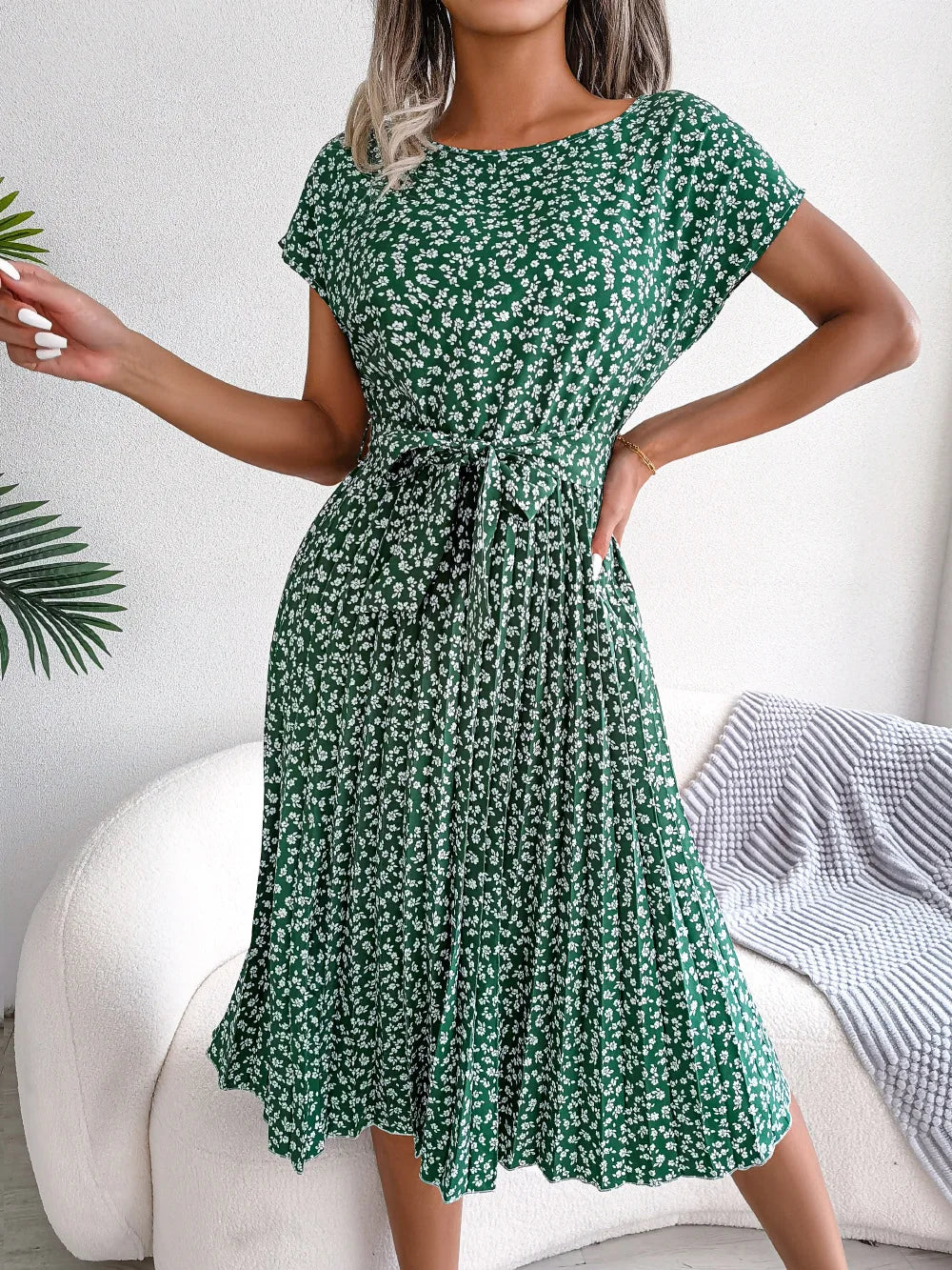 Women Spring Summer Short Sleeve High Waist Chic Dress Fashion Floral Pleated A Line Long Dress - Seprincess