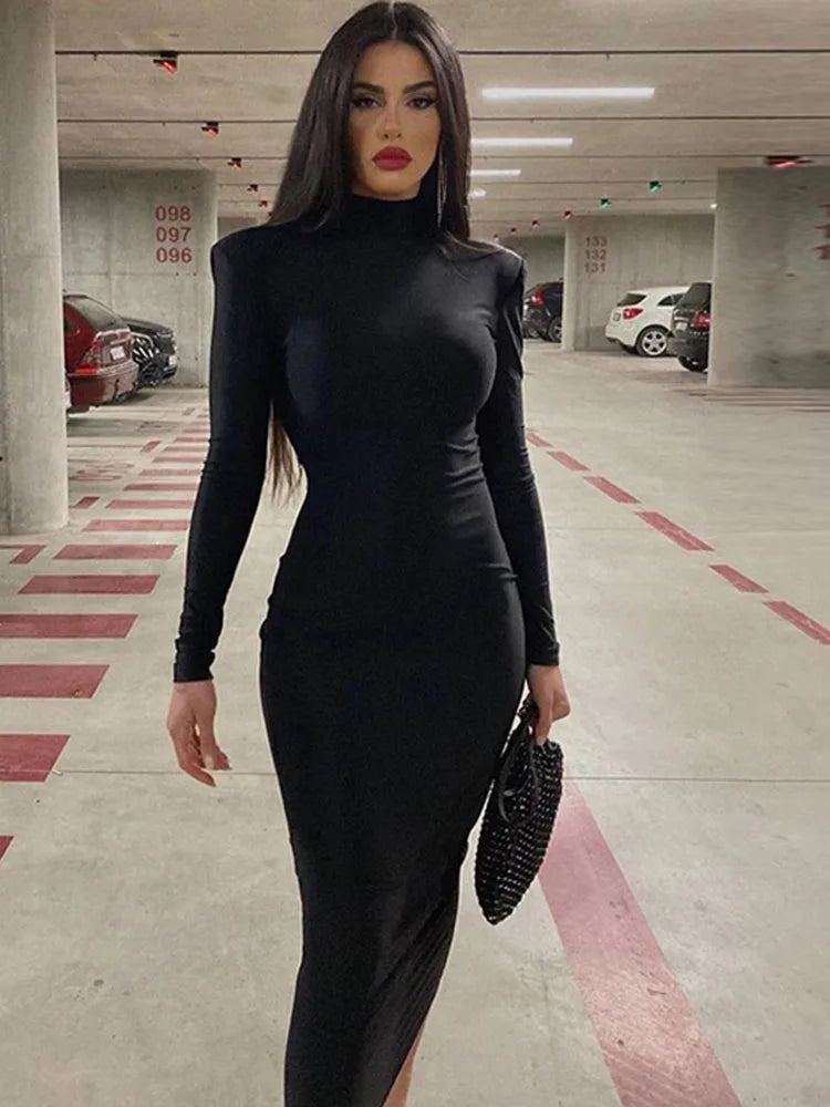 Women 2024 Spring Autumn Fashion Long Sleeve Streetwear Bodycon Black Midi Dress Wholesale Items For Business - Seprincess