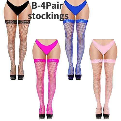 4 Pairs Women Stockings Fishnet Thigh High Top Over The Knee Stocking Sexy Women's Stockings with Lace Top Hosiery Club Wear