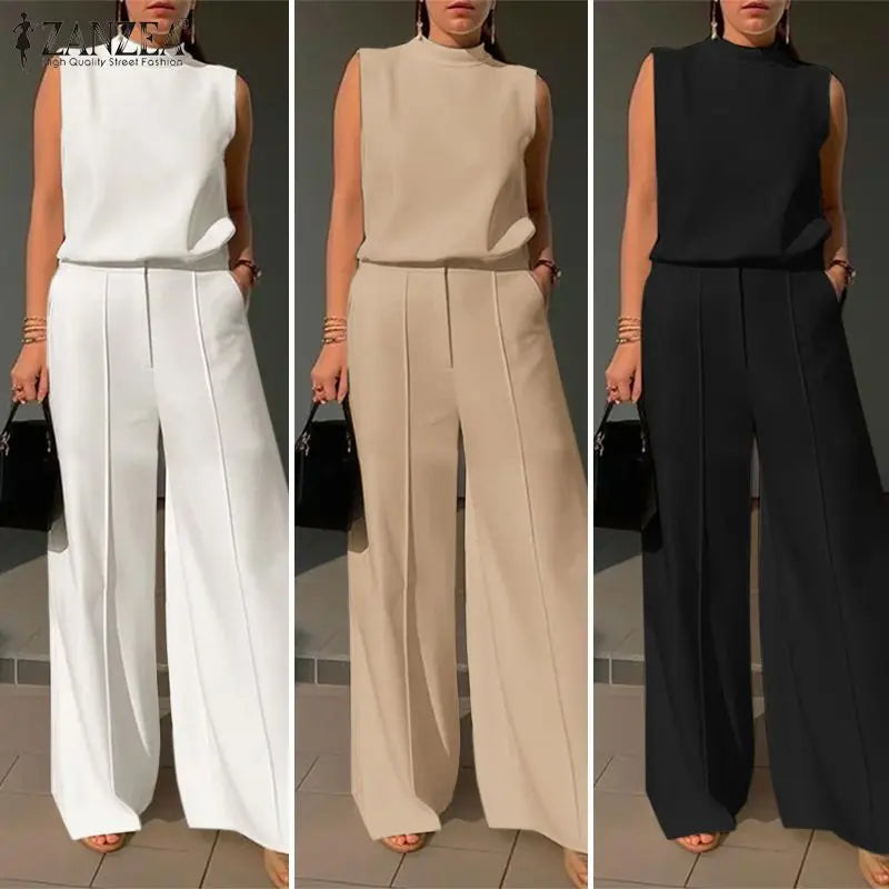 Elegant Women's Sets ZANZEA 2024 Woman 2-Piece Trouser Sets Fashion 2pcs Outfits Tank Tops and Wide Leg Pant Suits Oversize - Seprincess