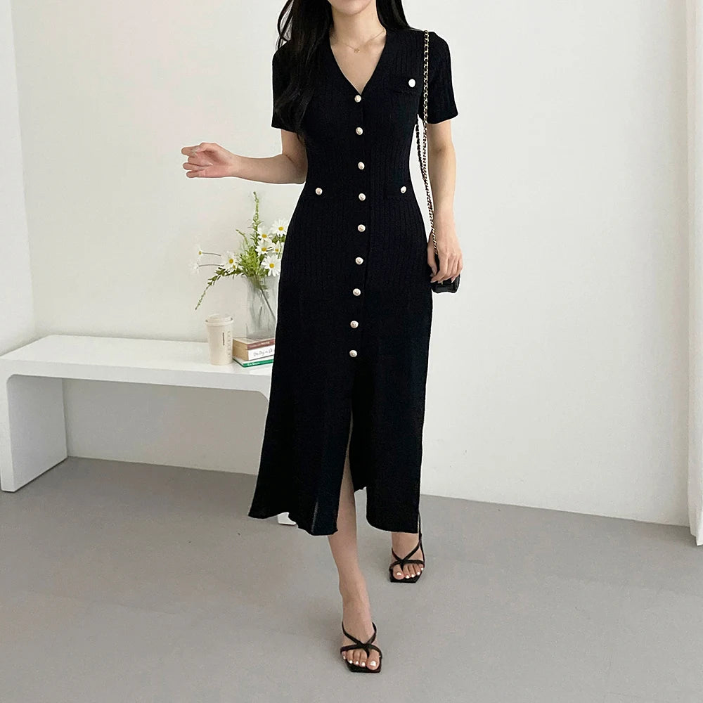 Summer Midi Dress Women Knitted Black Bodycon Korea Style Ruffle Ladies Dresses Elegant Fashion Casual Woman Dress 2024 - Seprincess