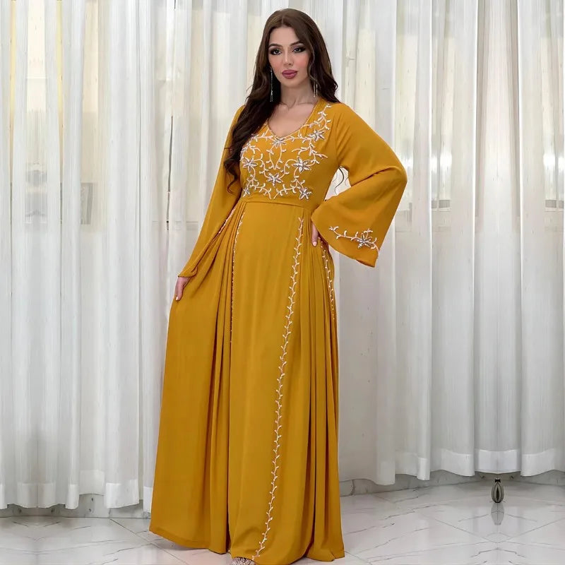 Dress for Women 2024 Spring Summer Fashion Muslim Women Long Sleeve Polyester Kaftan Embroidery Long Maxi Dress Abaya Dubai - Seprincess