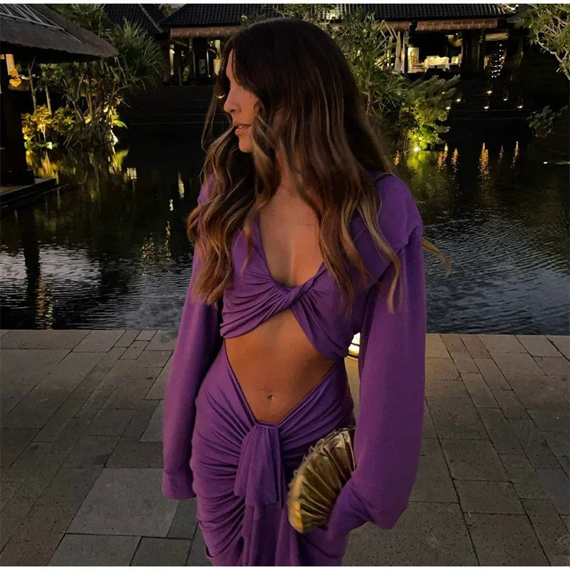 Sexy Purple Deep V-neck Hollow Out Pleated Maxi Dress Women Elegant Long Sleeves Bodycon Dresses 2024 New Female Holiday Robes - Seprincess