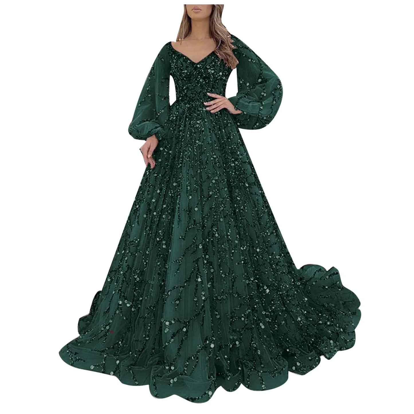 Women's Elegant Cocktail Party Dress Sequins Mesh Evening Dress Long Lantern Sleeve V-Neck Floor Length Luxury Dresses 2024 - Seprincess