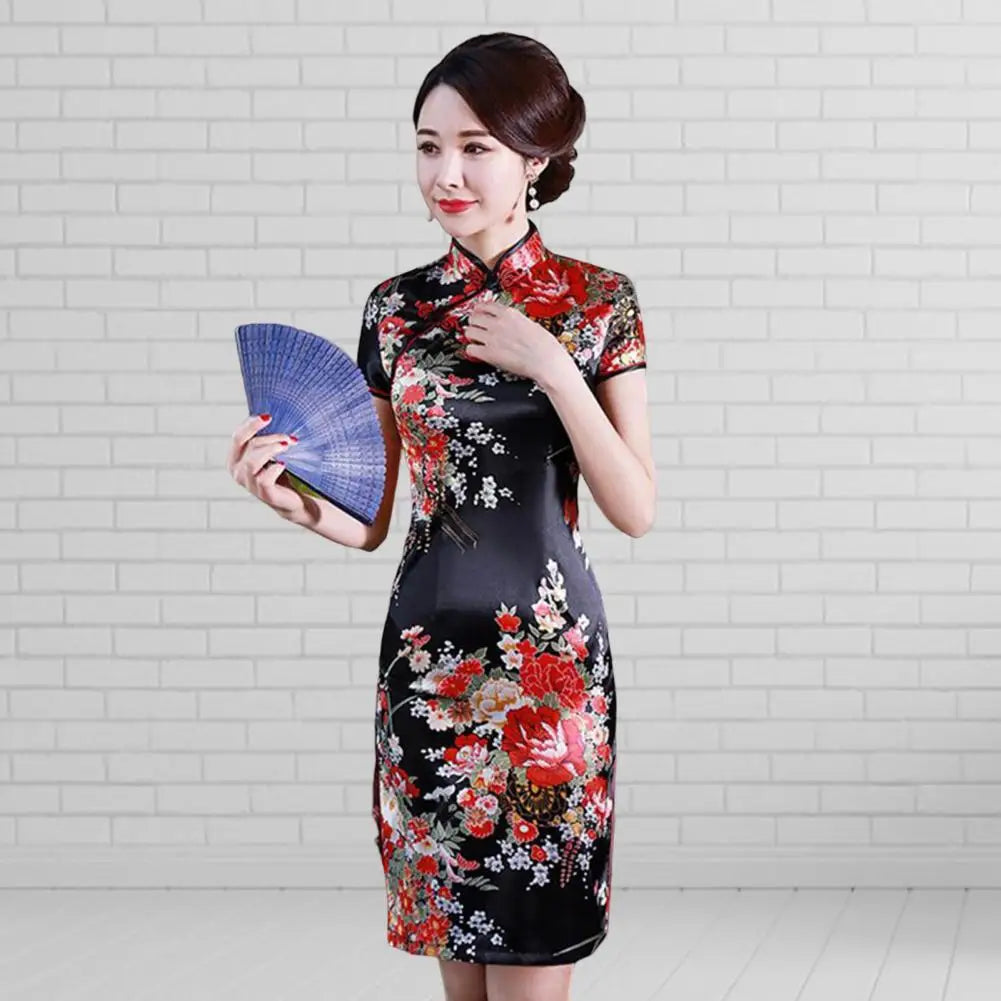 Women Cheongsam Mandarin Collar Short Sleeve Disc Buckles Side Split Lady Cheongsam Flower Print Chinese Style Qipao - Seprincess