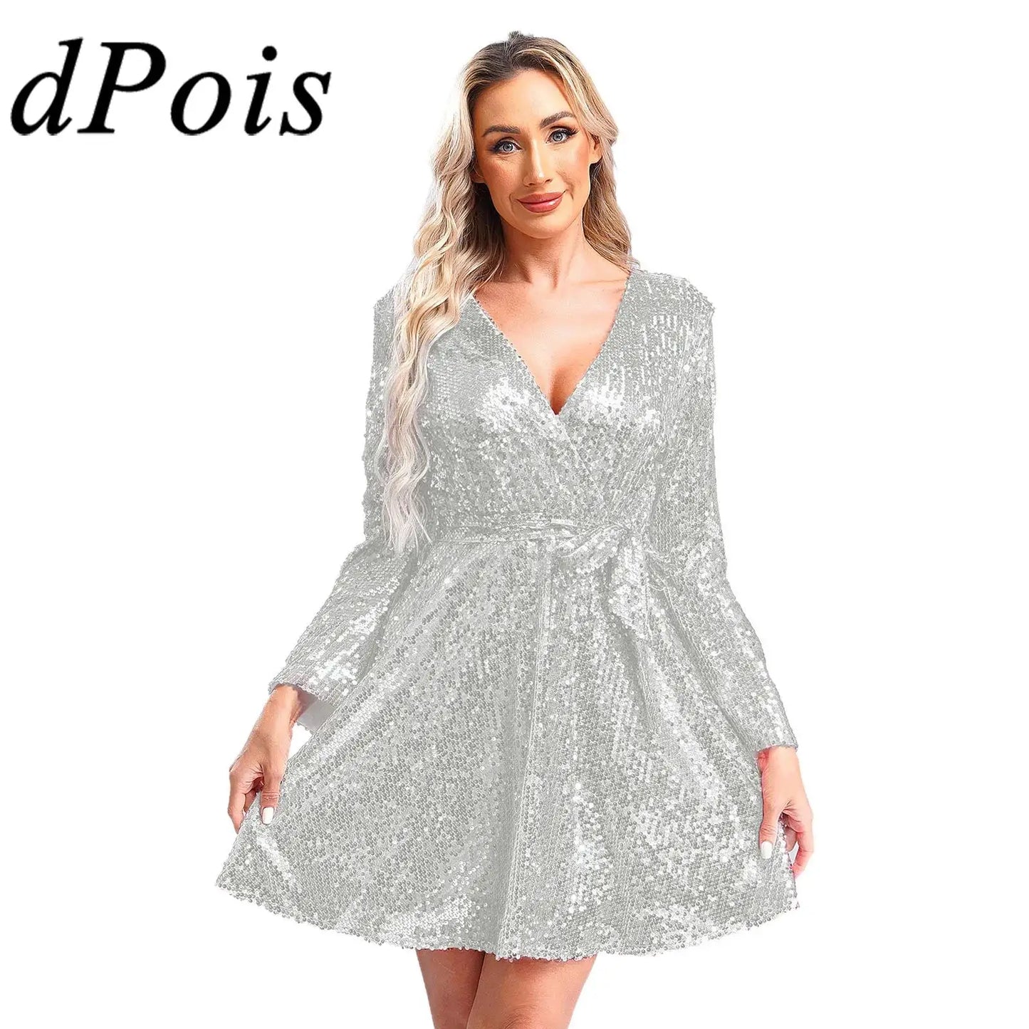 Women's Dress Fashion Clubbing Prom Vestidos V Neck Loose Sequin Dresses Long Sleeve Gown for Cocktail Party Prom Evening Robe - Seprincess