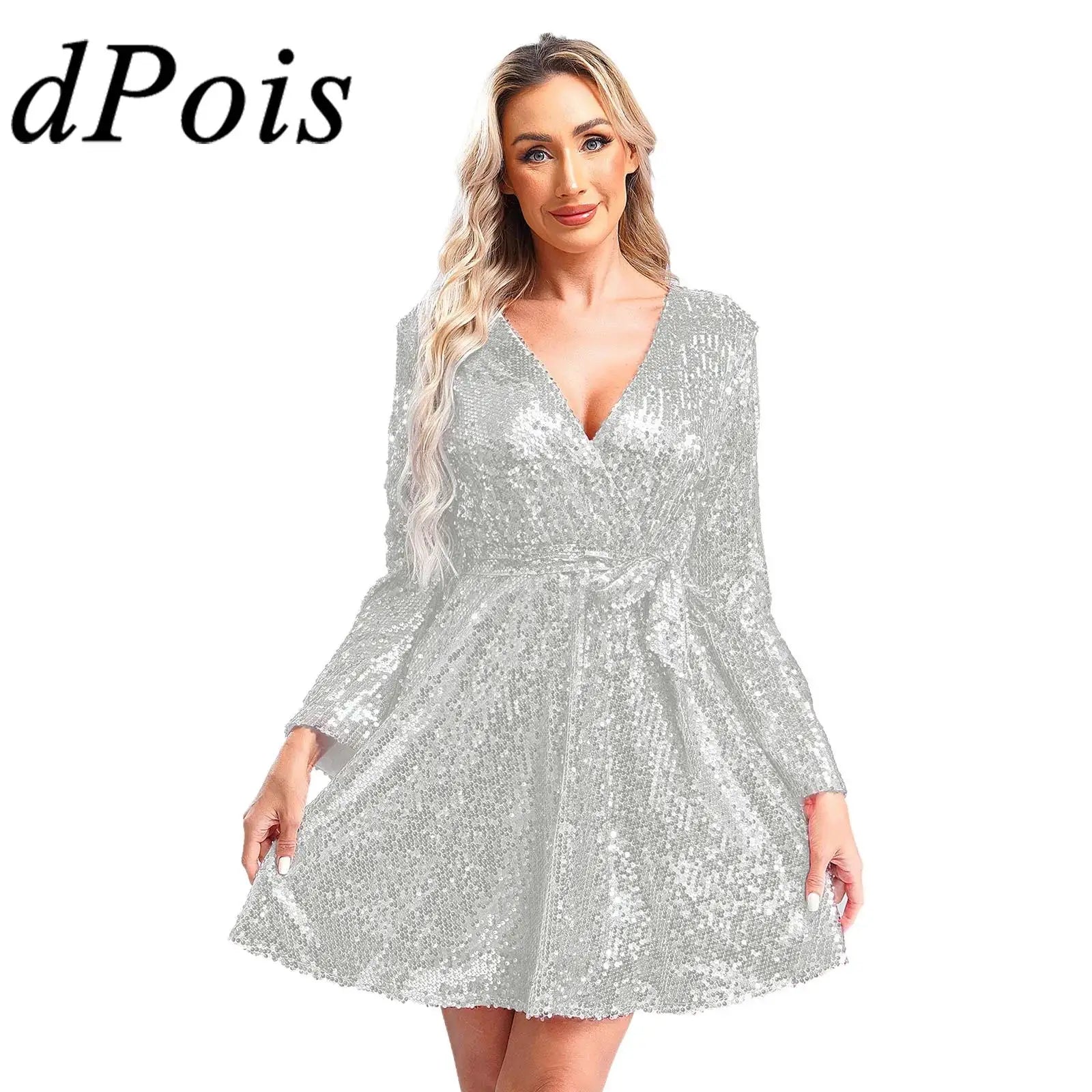 Women's Dress Fashion Clubbing Prom Vestidos V Neck Loose Sequin Dresses Long Sleeve Gown for Cocktail Party Prom Evening Robe - Seprincess