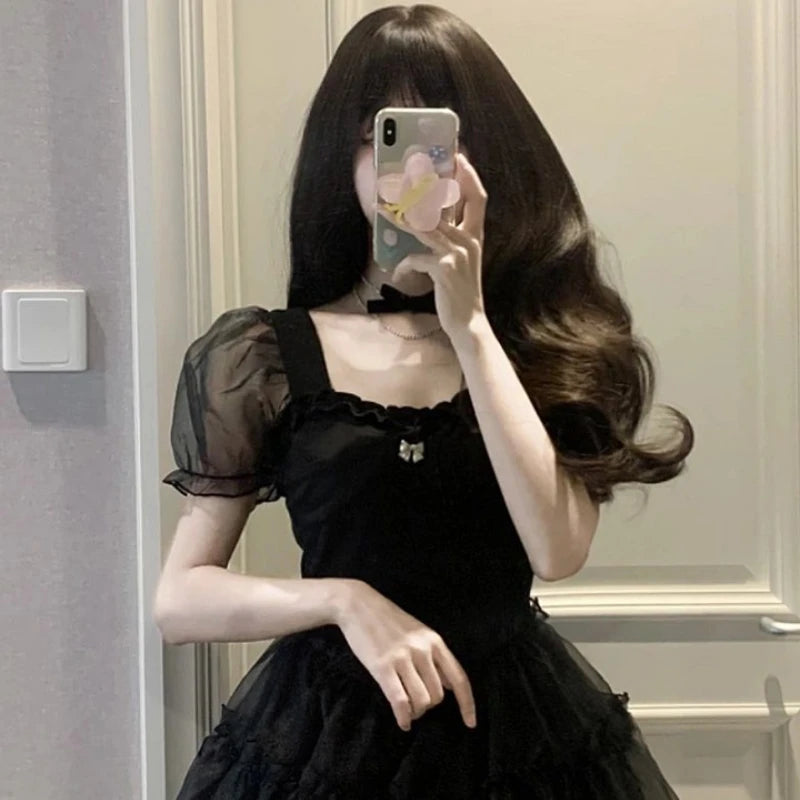 Black Mini Dress Women Bodycone High Waisted Puff Sleeve Sexy Summer Kawaii Girlish Lolita Vintage A-line Vestidos Temper French - Seprincess