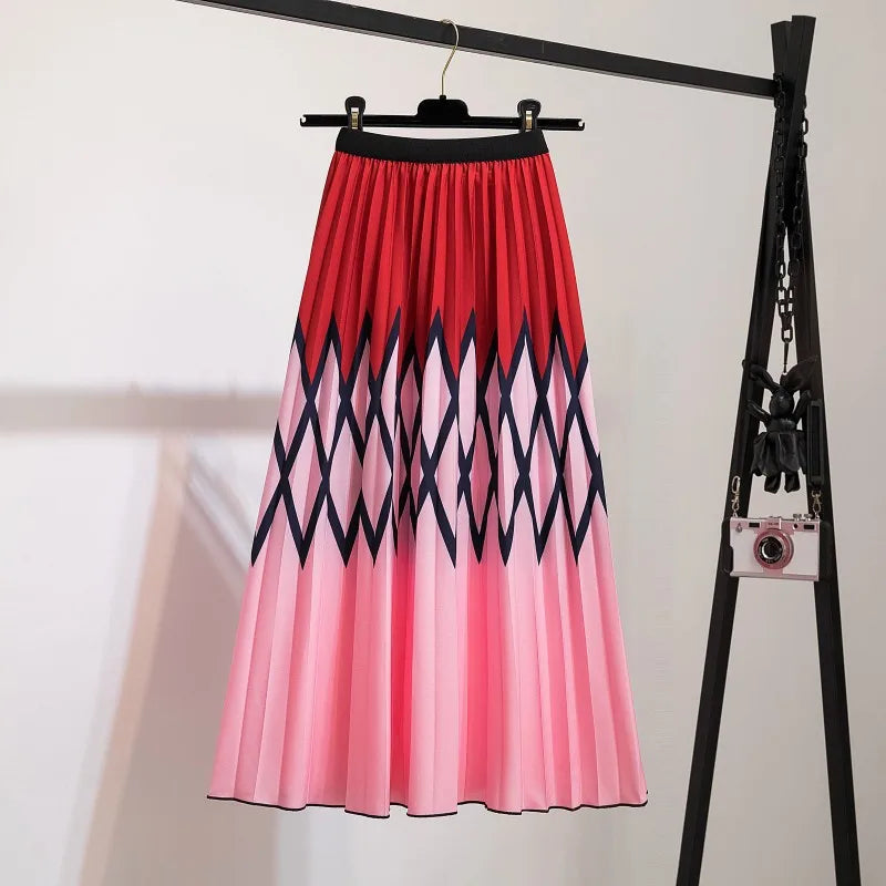 2024 Summer Women Cartoon Print Pleated Skirts A Line High Waisted Elastic Midi Long Skirt Ladies Party Korean Style Dresses - Seprincess