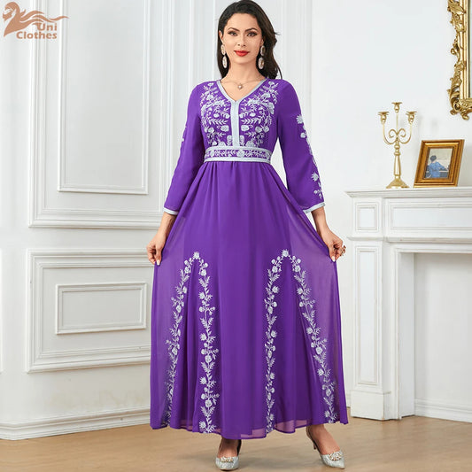 Uni Fashion Muslim Dubai Morocan Islamic Abayas V-Neck A-Line Neck Belted Kaftan Floral Embroidery Arabic Robe For Woman - Seprincess