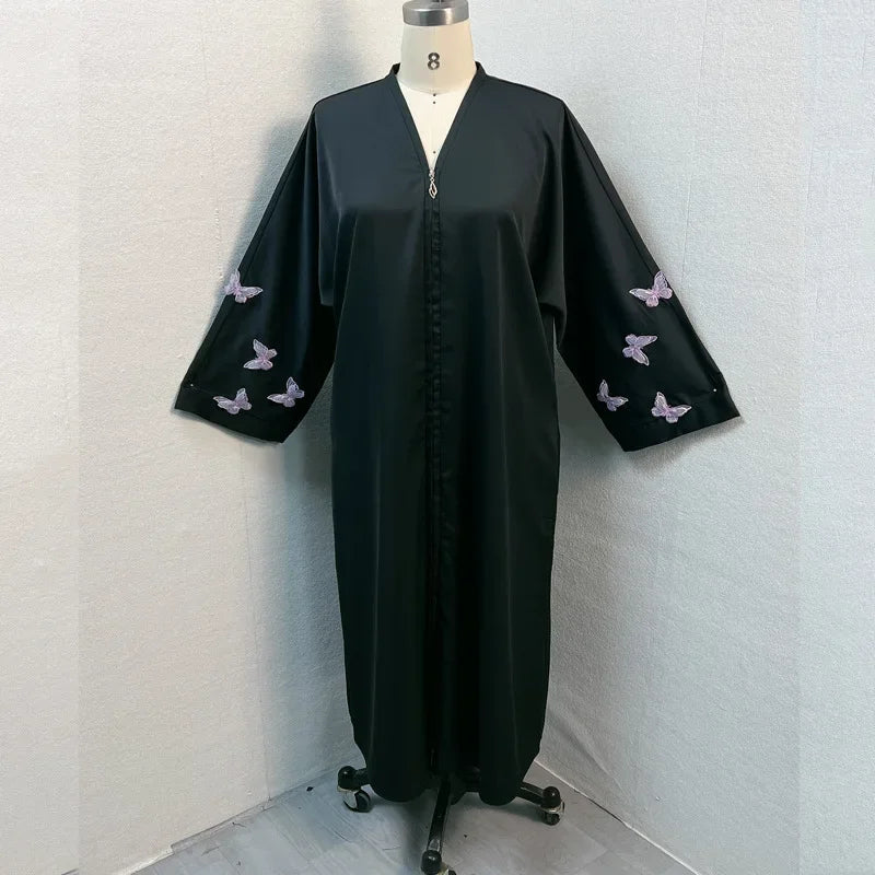 Eid Muslim Abayas for Women Butterfly Embroidery Zipper Up Cardigan Party Abaya Caftan Ramadan Dubai Arab Long Robe 2024 Dress - Seprincess