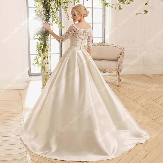 High Quality Round Neck Bride Dresses For Party Classic Bright Satin Wedding Gowns New Graceful A-Line Wedding Vestidos De Novia - Seprincess