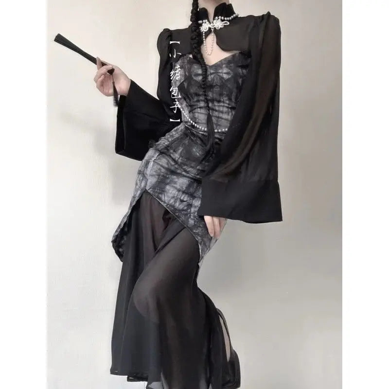 Vintage Black Long Sleeved Top Ink Painting Splicing Irregular Mesh Dresses Cheongsam Dress 2 Piece Suit for Women Modern Qipao - Seprincess