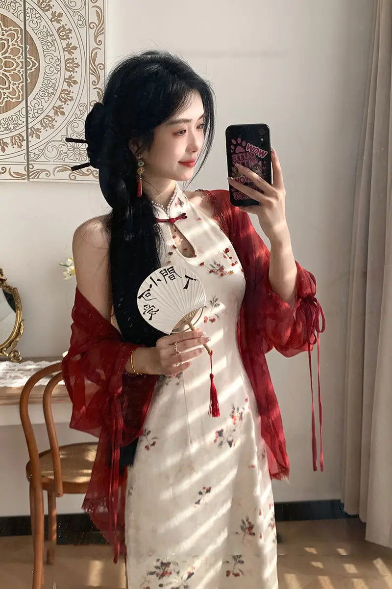 New Chinese Style Neck Hanging Dress Retro Improvement Cheongsam Summer New Print Slim Qipao Waist Reducing Slimming Dresses - Seprincess