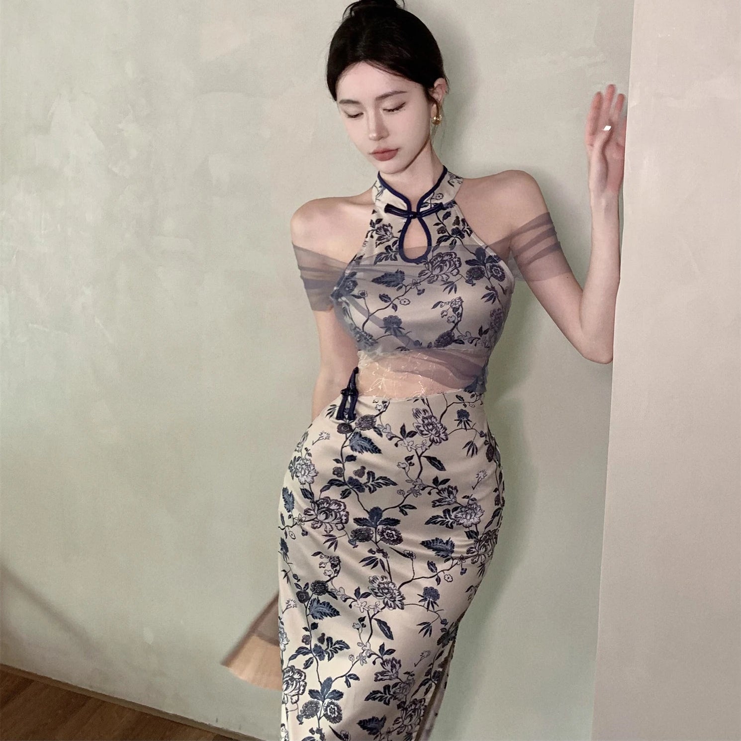 Sexy Off Shoulder Qipao Women New Chinese Style Dresses Lace Patchwork Hollow Out Cheongsams Lady Satin Print Vestidos Qipao - Seprincess