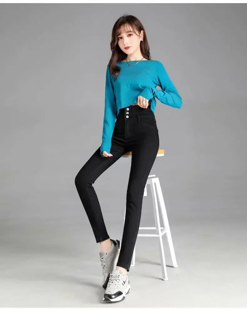 Thickened High-waisted Fleece-lined Jeans Women's Black Grey Slimming Winter 2021 New Style Tightening Integrated Velvet Pants