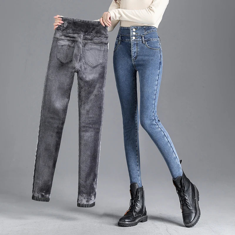 Winter Women Thick Velvet High Waist Skinny Jeans Simple Warm Fleece Slim Fit Stretch Trousers Casual Ladies Denim Pencil Pants