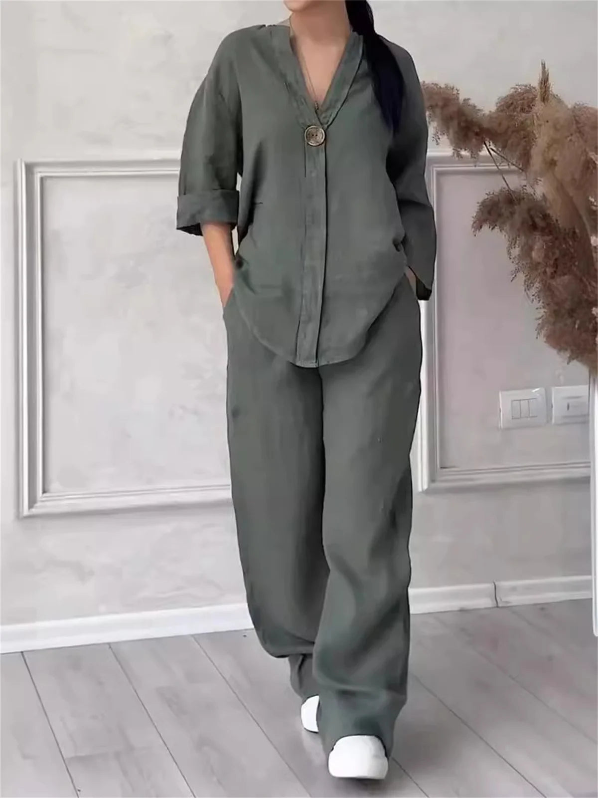 Solid V Neck Loose Suit V Neck One Button Long Sleeve Top Wide-leg Pants Women Outfit Comfortable Two piece Set Casual 2PCS 2024 - Seprincess