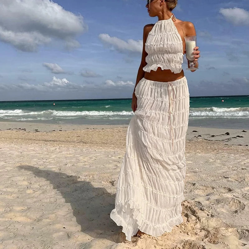 Women Boho Sexy Backless Matching Suit 2 Piece Beach Holiday Outfits Vintage Ruched Halter Cami Tops + Maxi Long Skirt Party - Seprincess