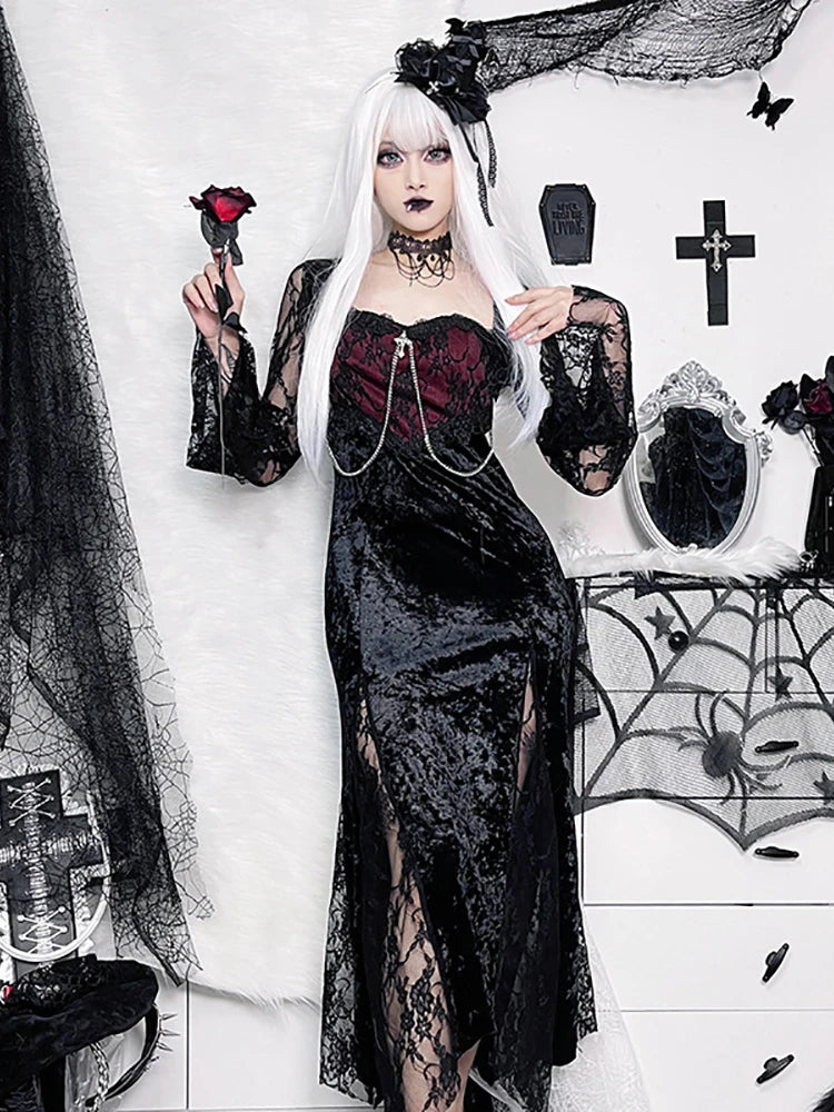 Goth Dark Elegant Mall Gothic Women Evening Dresses Grunge Aesthetic E-girl Velvet Midi Dress Lace Splice Sexy Split Alt Outfits - Seprincess