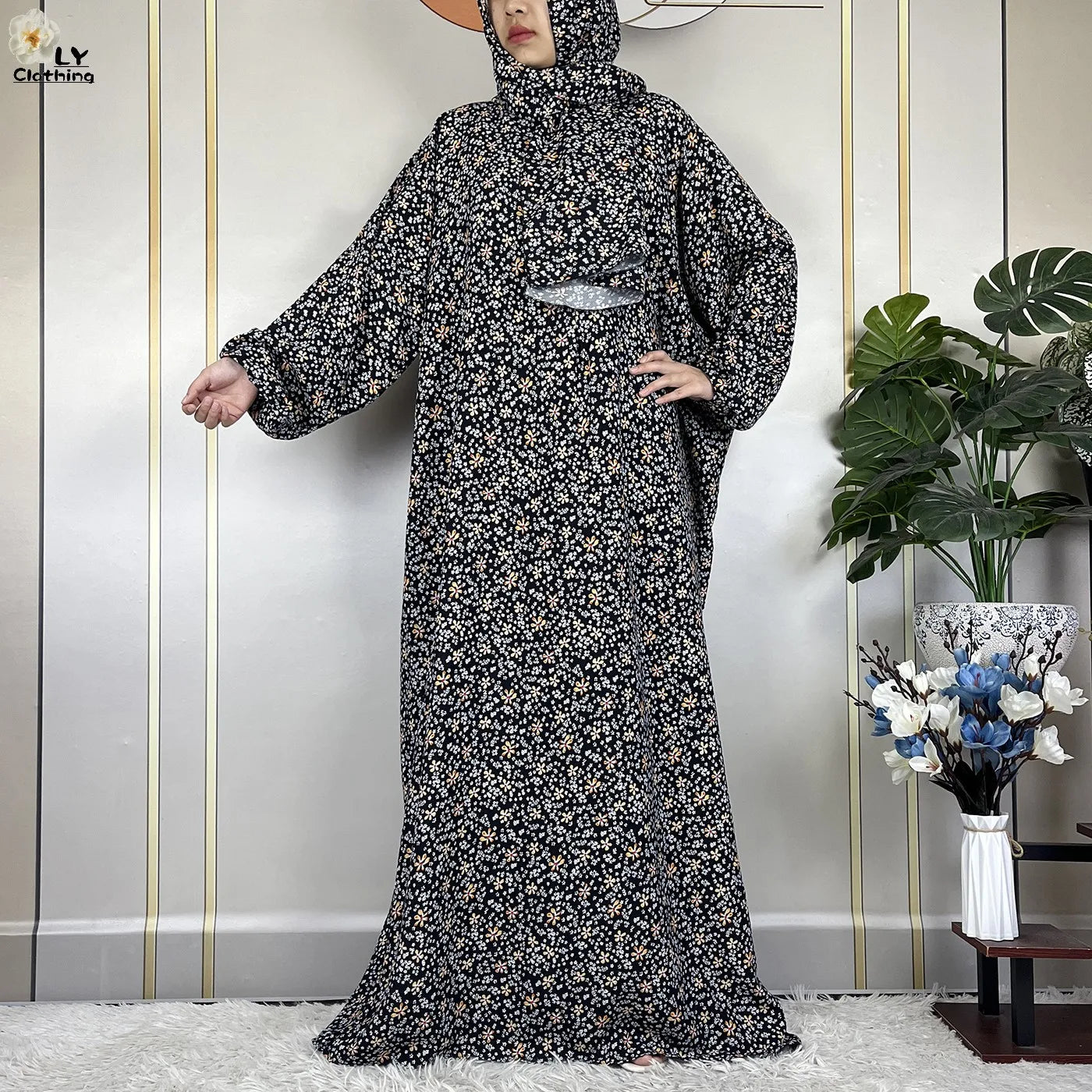 2024Latest Muslim Abayas For Women Ramadan Prayer Maxi Dubai Turkey Femme Cotton Robe Floral Loose African Dress Turban Attached