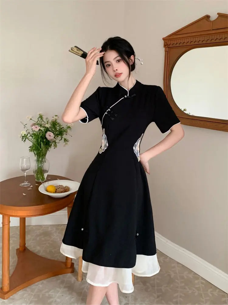 2023 Chinese Improved Hanfu Cheongsam Dress Women A Line Qipao New Fashion Style Short Sleeve Casual Daily Lady Cheongsam Dress - Seprincess