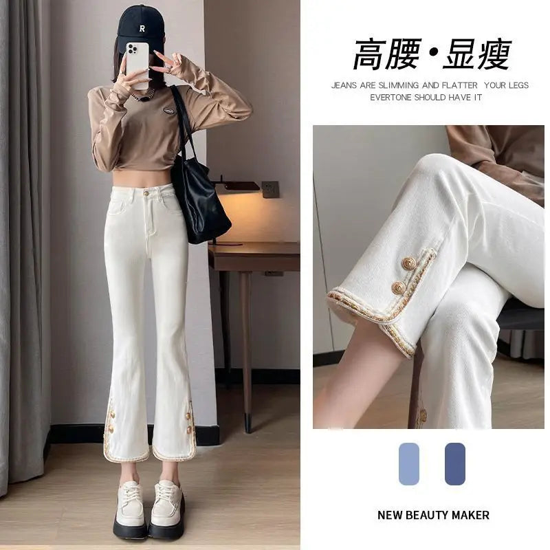 Winter Fashion Luxury Women's Clothing Slim Pants Elastic Force Solid Color Panelled Button Slit Straight Tube Cropped Trousers