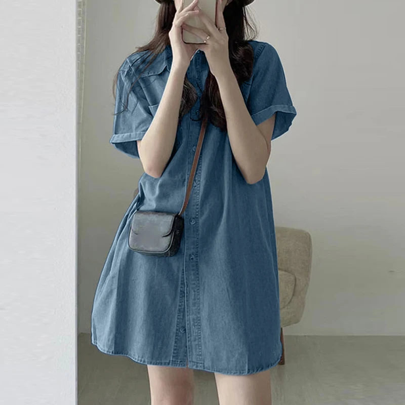 ZANZEA Summer Women Jeans Dress Vintage Short Sleeve Denim Sundress Causal Shirt Vestidos Retro Lapel Kaftan Loose Work Dresses - Seprincess