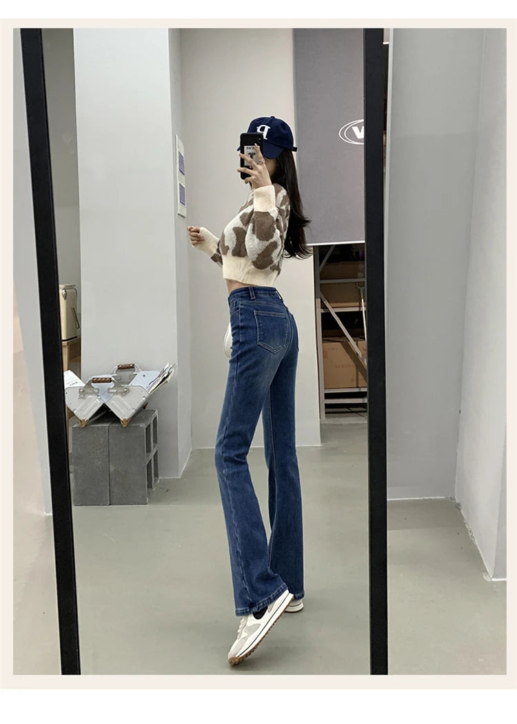 Winter Warm Women's Jeans Fashion Slim Thicken Fleece Flared Pants High Waist Elastic Skinny Velvet Plus Length Female Jeans