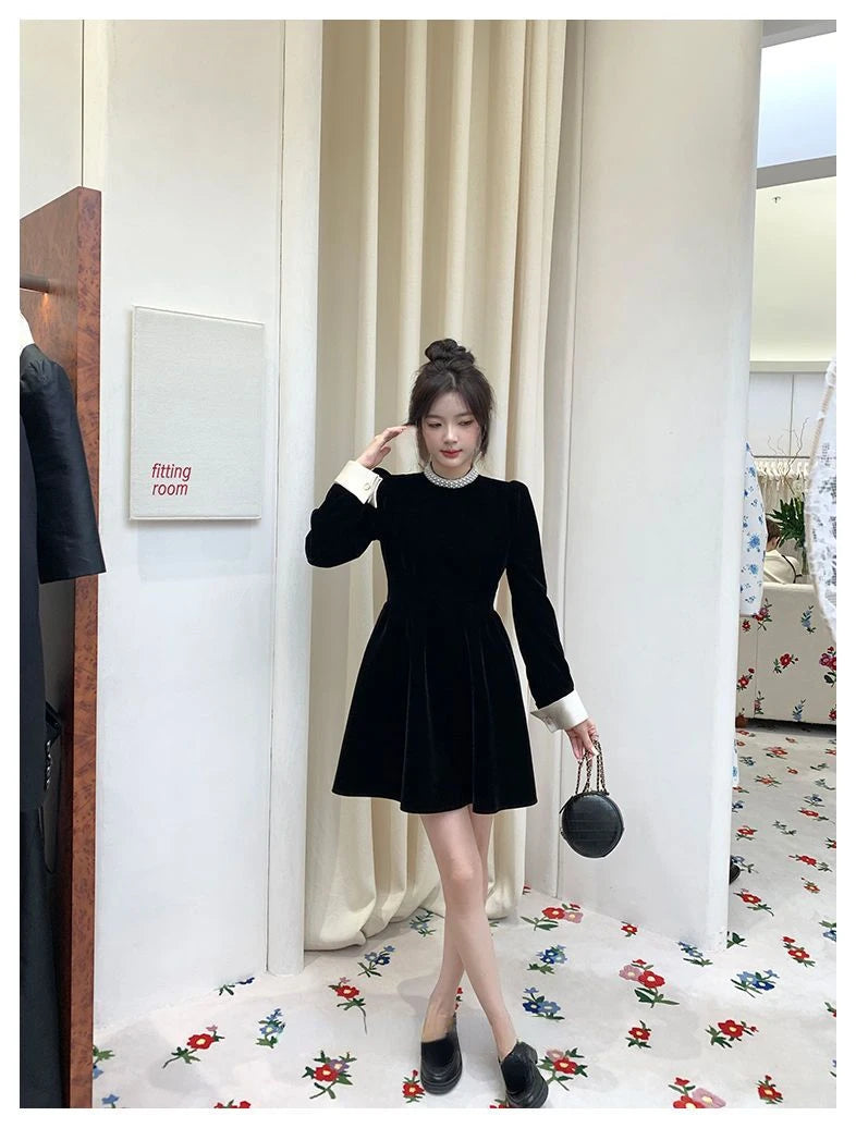 2024 Sweet Woman Party Dresses Korean Vintage Velvet Black Dress Patchwork Robe Elegant Clothes All Match Pearl Vestidos Mujer - Seprincess