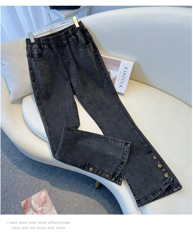 155Kg Plus Size Women's Jeans Hip 150-160 High Waist Casual Loose Flare Pants Trousers Black Black-Gray 5XL 6XL 7XL 8XL 9XL