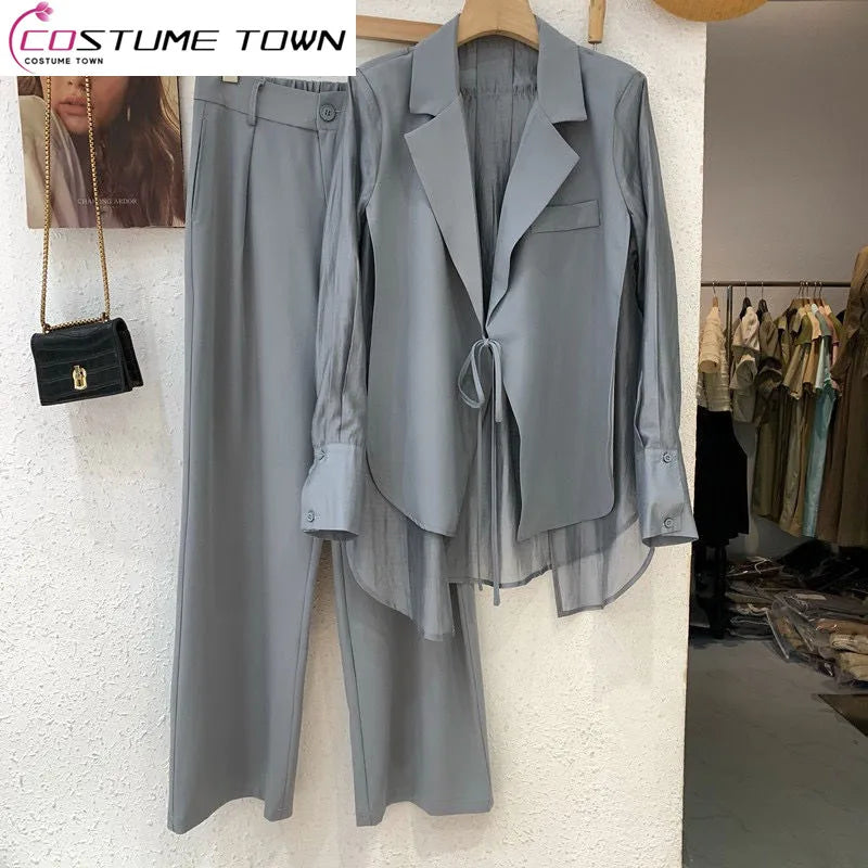 Summer New Hollow Sun Protection Chiffon Shirt Blazer Wide Leg Pants Two Piece Set Elegant Women's Pants Set Office Outfits - Seprincess