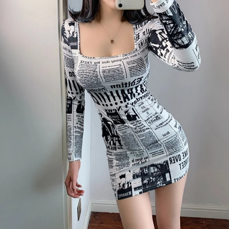 Hot-selling Printed Europe Newspaper Sexy Mini Dress 2020 Autumn New Fashion Street Shooting Slim Girl Female Square Collar ZW0 - Seprincess