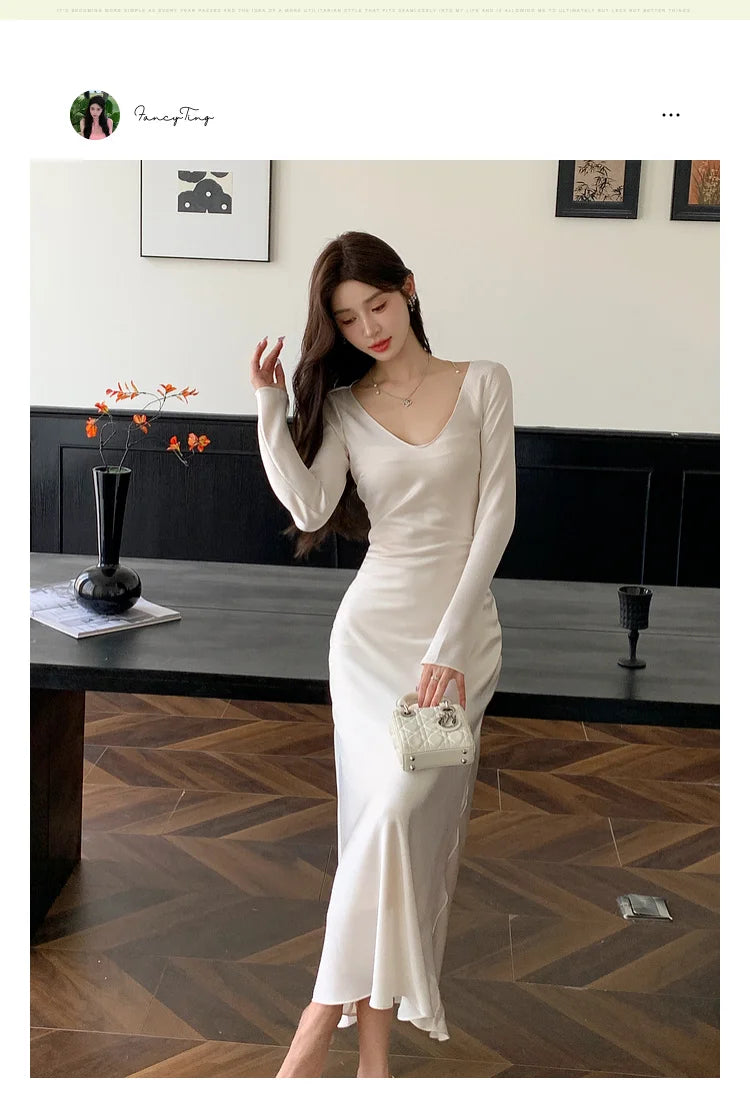 Autumn Solid Satin Long Dresses Women Wedding Evening Party Dress with Camisole Prom Robe V-Neck Long Sleeves Mermaid Vestidos - Seprincess