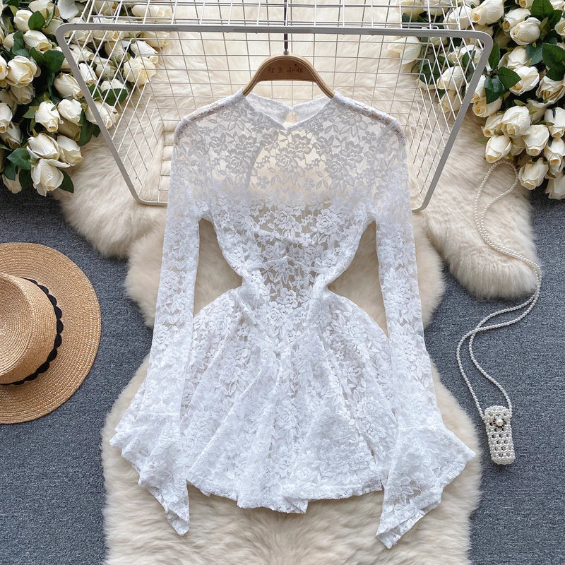 Women's Autumn Mesh Lace Hollow Out White Short Dress Women Micro Flare Sleeve See Through Translucent Sexy Girl's Mini Dress - Seprincess