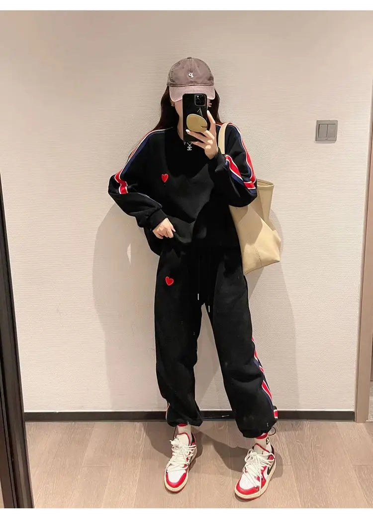 Autumn Cute Love Embroidery Pant Sets Two Pieces Tracksuits Khaki Side Striped Sweatshirt Women Girls Loose Sporty Korean Style