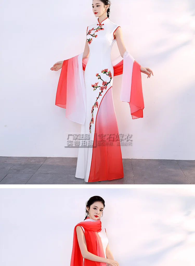 White Sexy Satin Chinese Dresses Gown Women Large Size Slim Qipao Long Sequins Evening Party Cheongsam Elegant Vestidos - Seprincess